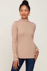 Taupe Ribbed Mock Neck Lettuce Trim Long Sleeve Top