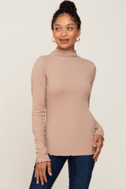 Taupe Ribbed Mock Neck Lettuce Trim Long Sleeve Top