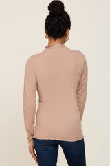 Taupe Ribbed Mock Neck Lettuce Trim Long Sleeve Top