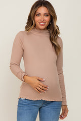 Taupe Ribbed Mock Neck Lettuce Trim Maternity Long Sleeve Top