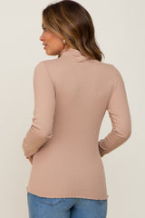 Taupe Ribbed Mock Neck Lettuce Trim Maternity Long Sleeve Top