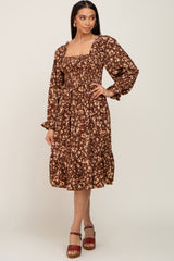 Brown Floral Smocked Long Sleeve Maternity Midi Dress