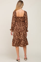 Brown Floral Smocked Long Sleeve Maternity Midi Dress