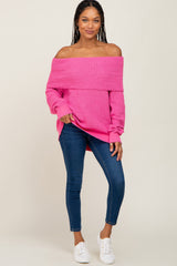 Fuchsia Foldover Off Shoulder Sweater