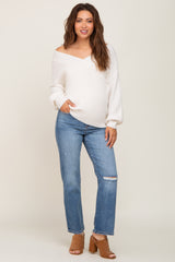 Blue Open Knee Maternity Straight Leg Jean