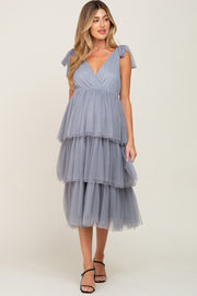 Light Blue Sleeveless Tiered Tie Strap Tulle Maternity Midi Dress