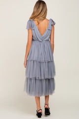 Light Blue Sleeveless Tiered Tie Strap Tulle Maternity Midi Dress