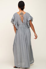 Grey Deep V-Neck Button Down Maxi Dress