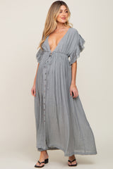 Grey Deep V-Neck Button Down Maternity Maxi Dress