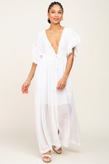 Ivory Deep V-Neck Button Down Maternity Maxi Dress