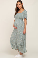 Mint Green Floral Smocked Flounce Sleeve Maternity Maxi Dress