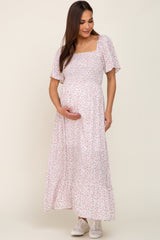 Ivory Floral Smocked Flounce Sleeve Maternity Maxi Dress