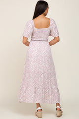 Ivory Floral Smocked Flounce Sleeve Maxi Dress