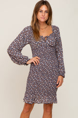 Navy Floral Print Long Sleeve Smocked Maternity Dress