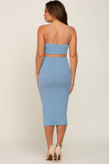 Light Blue Ribbed Side Cut Out Maternity Midi Dress