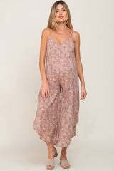 Mocha Leaf Print Asymmetrical Maternity Jumpsuit