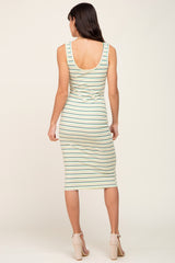 Green Striped Ribbed Fitted Midi Dress