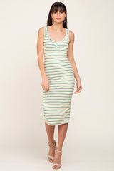 Green Striped Ribbed Fitted Midi Dress