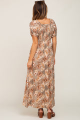 Taupe Leaf Print Cinched Accent Maxi Dress