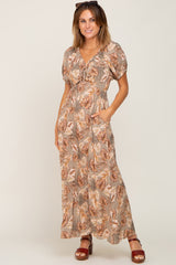 Taupe Leaf Print Cinched Accent Maternity Maxi Dress