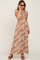 Taupe Leaf Print Cinched Accent Maxi Dress