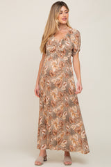 Taupe Leaf Print Cinched Accent Maternity Maxi Dress