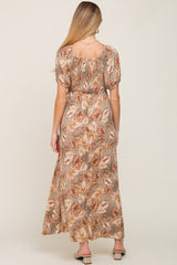 Taupe Leaf Print Cinched Accent Maternity Maxi Dress