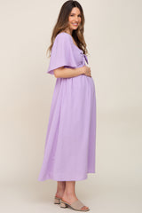 Lavender Textured Dot Front Tie Ruffle Sleeve Maternity Midi Dress