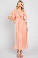 Peach Front Tie Ruffle Sleeve Midi Dress