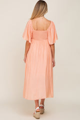 Peach Front Tie Ruffle Sleeve Maternity Midi Dress