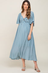 Blue Front Tie Ruffle Sleeve Maternity Midi Dress