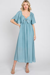 Blue Front Tie Ruffle Sleeve Maternity Midi Dress