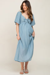 Blue Front Tie Ruffle Sleeve Maternity Midi Dress