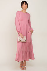 Mauve Long Sleeve Tiered Maternity Maxi Dress