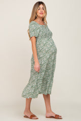 Green Floral Smocked Off Shoulder Maternity Midi Dress