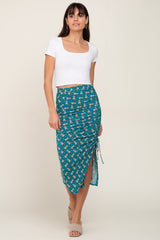 Teal Floral Ruched Slit Maternity Midi Skirt