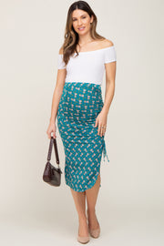 Teal Floral Ruched Slit Maternity Midi Skirt