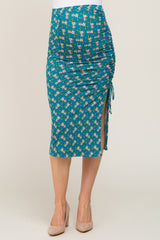 Teal Floral Ruched Slit Maternity Midi Skirt