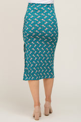 Teal Floral Ruched Slit Maternity Midi Skirt