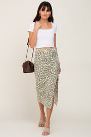 Light Olive Floral Drawstring Front Midi Skirt