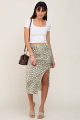 Light Olive Floral Drawstring Front Midi Skirt