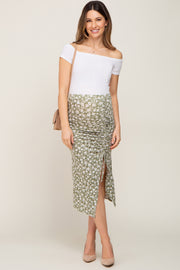 Light Olive Floral Drawstring Front Maternity Midi Skirt