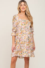 Ivory Floral Ruffle Sleeve Lace-Up Back Maternity Dress