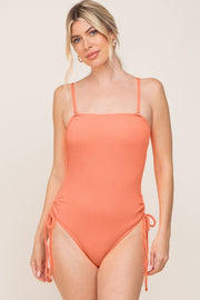 Coral Ribbed Cinched Side Tie One Piece Swimsuit