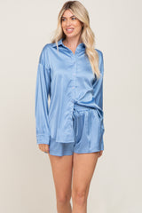 Blue Button Up and Short Satin Maternity Set