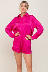 Fuchsia Button Up and Short Satin Maternity Set