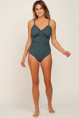 Green Ribbed Ruffle Ruched One Piece Swimsuit