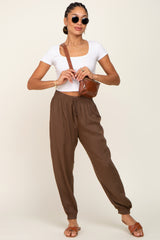 Brown Drawstring Accent Maternity Joggers