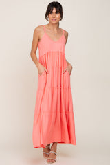 Coral Pink Tiered Sleeveless Maxi Dress