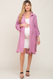 Mauve Button Front Side Slit Oversized Maternity Blouse